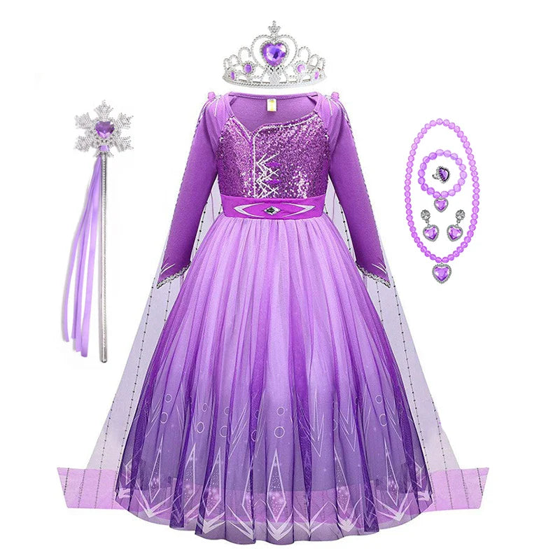 Snow Queen Elsa Princess Dress for Kids Girls Cosplay Frozen 2 Costume Birthday Party Children Purple Sequins Mesh Clothes 2-10Y