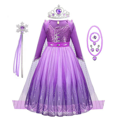 Snow Queen Elsa Princess Dress for Kids Girls Cosplay Frozen 2 Costume Birthday Party Children Purple Sequins Mesh Clothes 2-10Y