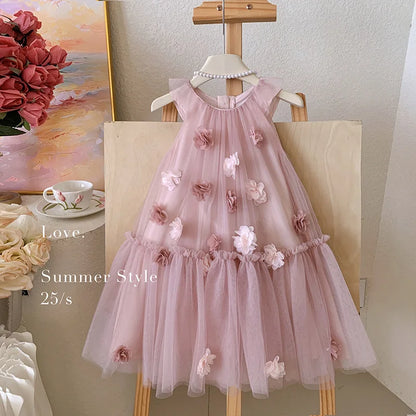 Girls' Sleeveless Floral Mesh Dress - Princess Party Gown for Toddlers 2-8 Years, Breathable Wedding & Special Occasion Dress