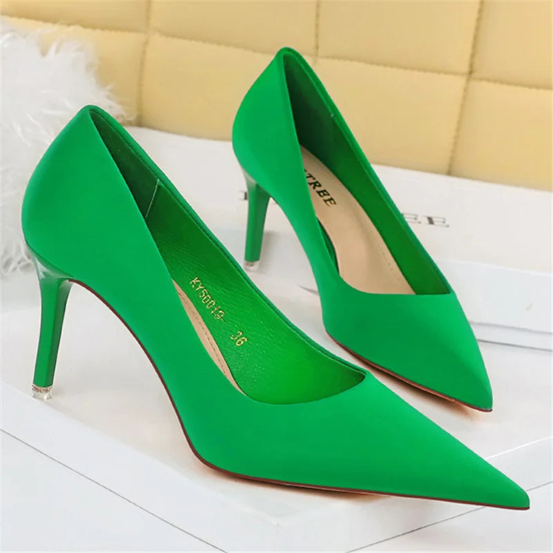 Women 7.5cm 10.5cm High Heels Scarpins Silk Satin Pumps Lady Quality Green Purple Fetish Wedding Bridal Mid Low Heels Prom Shoes