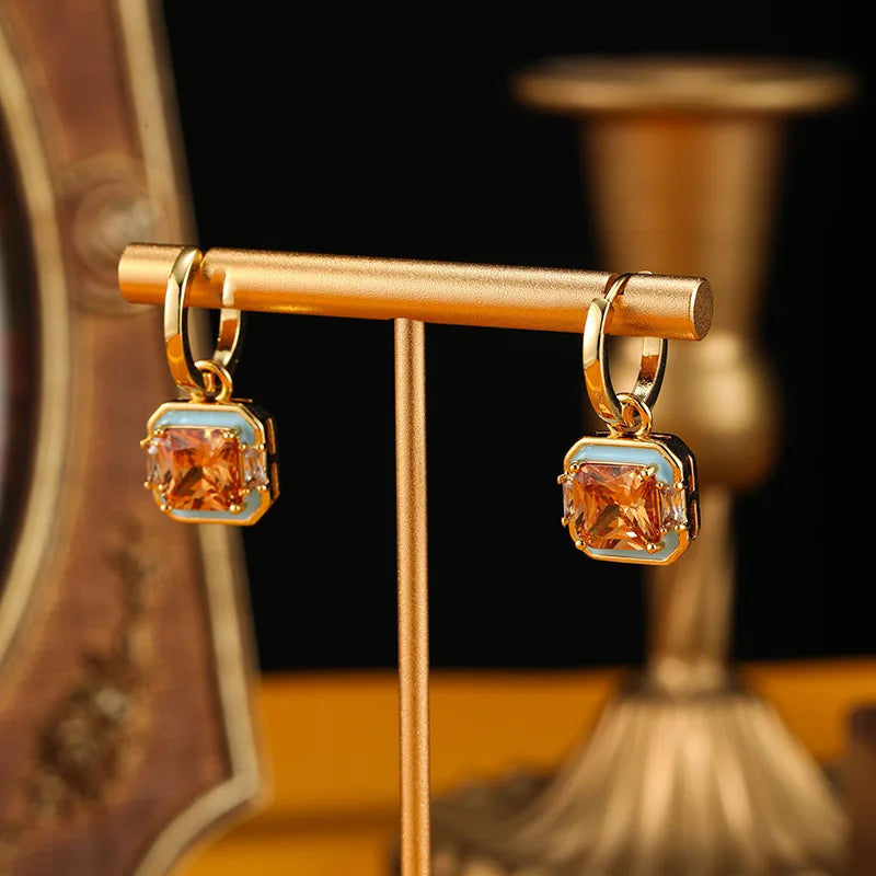 Jewelry Fashion Drop Glaze Retro Geometric Square Earrings Classic Women's Light Luxury Personalized Women's Earrings