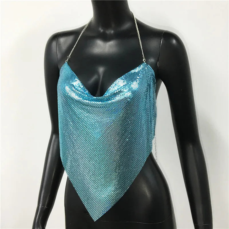 Shiny Metal Sequins Tank Tops For Women Sexy Backless V Neck Adjustable Chain Crop Top Lady Festival Rave Party Club Camisole