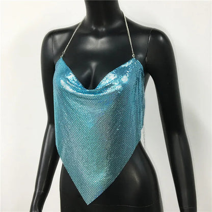 Shiny Metal Sequins Tank Tops For Women Sexy Backless V Neck Adjustable Chain Crop Top Lady Festival Rave Party Club Camisole