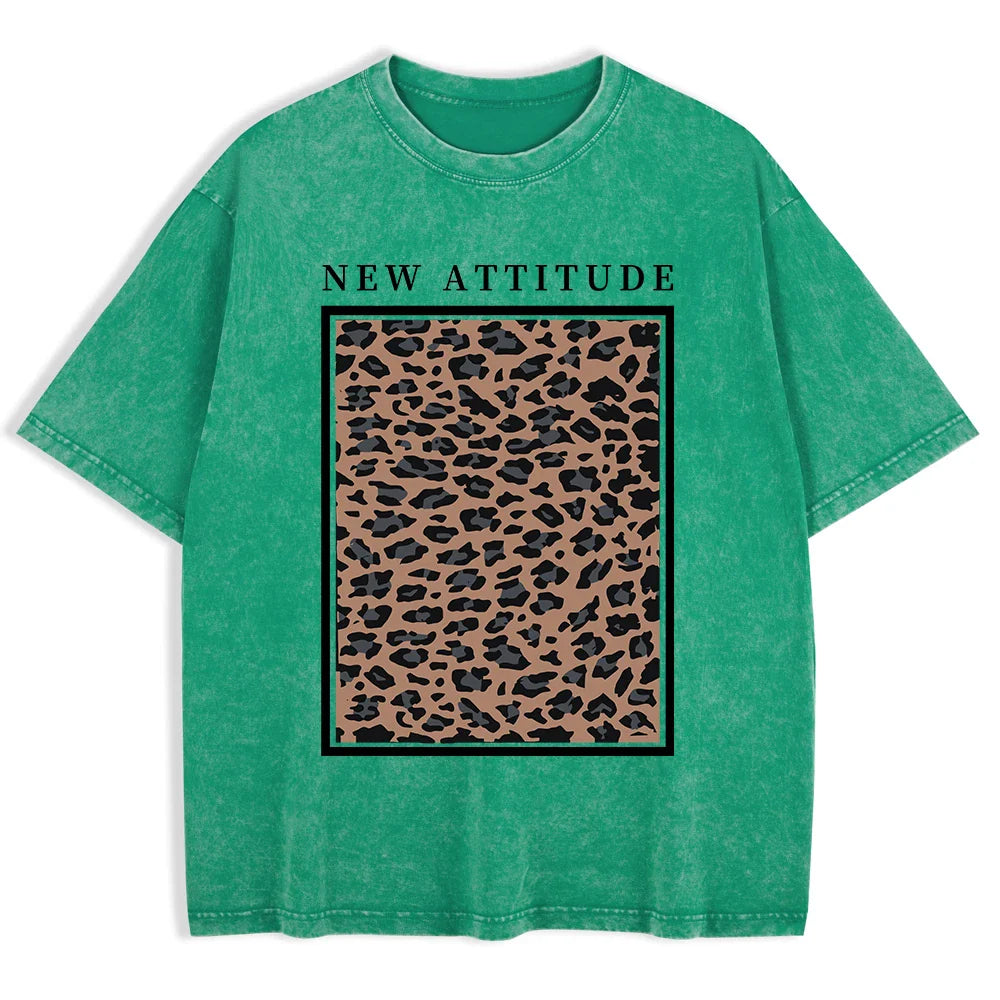Cotton Washed T-shirt for Women New Attitude Fashion Leopard Prints Tops Loose O-Neck Oversized Short Sleeve Y2k Female Clothes