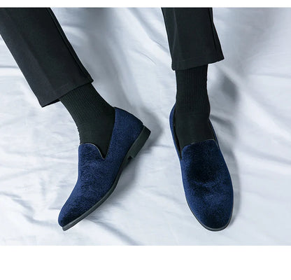 New British style men's hair stylist pattern suede lazy man slip-on bean loafers 46 plus-size pointed leather shoes