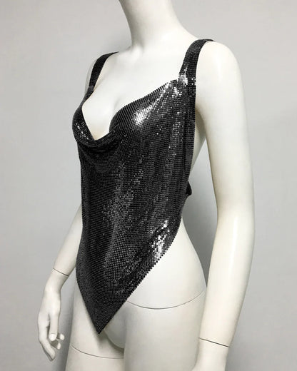 Shiny Metal Sequin Party Tank Top For Women Sexy Deep V Neck Backless Off The Shoulder Camisole Rave Nightclub Crop Top 2024 New