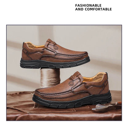 Men's Handmade Thick Rubber Bottom Breathable Casual Leather Shoes Classic Sewn Loafers Comfortable Leisure Footwear