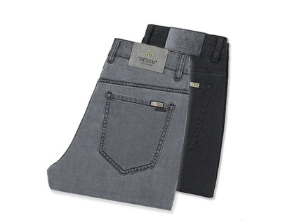 Summer Lyocell Ultra-thin Jeans Men Straight Stretch Breathable Denim Pants Fashion Business Casual Male Trousers Black Gray