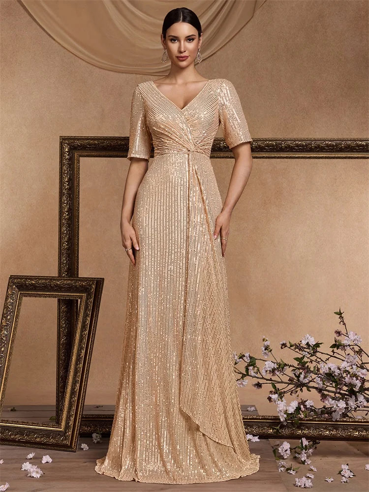 Luxury Floor Length V-Neck Evening Dress 2025 Women Elegant Party Maxi Sequin Short Sleeves Prom Cocktail Graduation Dress