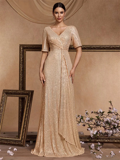 Luxury Floor Length V-Neck Evening Dress 2025 Women Elegant Party Maxi Sequin Short Sleeves Prom Cocktail Graduation Dress