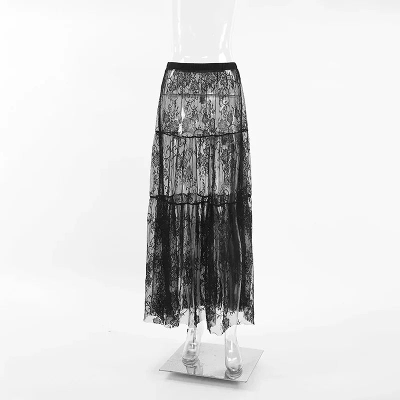 Loose Black Sexy Black Lace Skirt Women Fashion Thin Transparent Casual Hollow Out High Waist Loose A-line Long Skirt Party