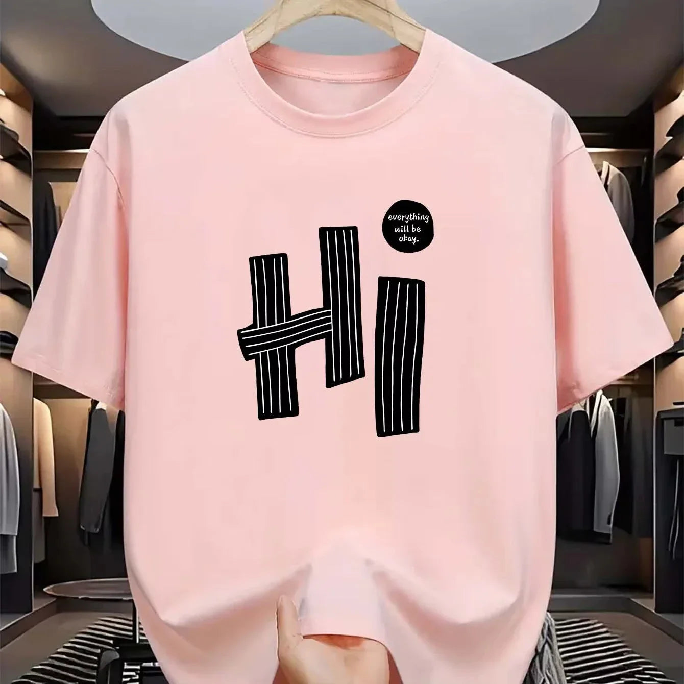 Summer Men's 100% Pure Fashion Cotton Casual Loose Fit Plus Size Hi Letter Pattern Printed Round Neck Short Sleeved T-shirt Top