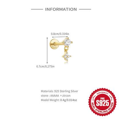 1PC Four Pointed Star Moon Tassel Lotus Cartilage Spiral Puncture 925 Sterling Silver Stud Earring For Women Ins Earring