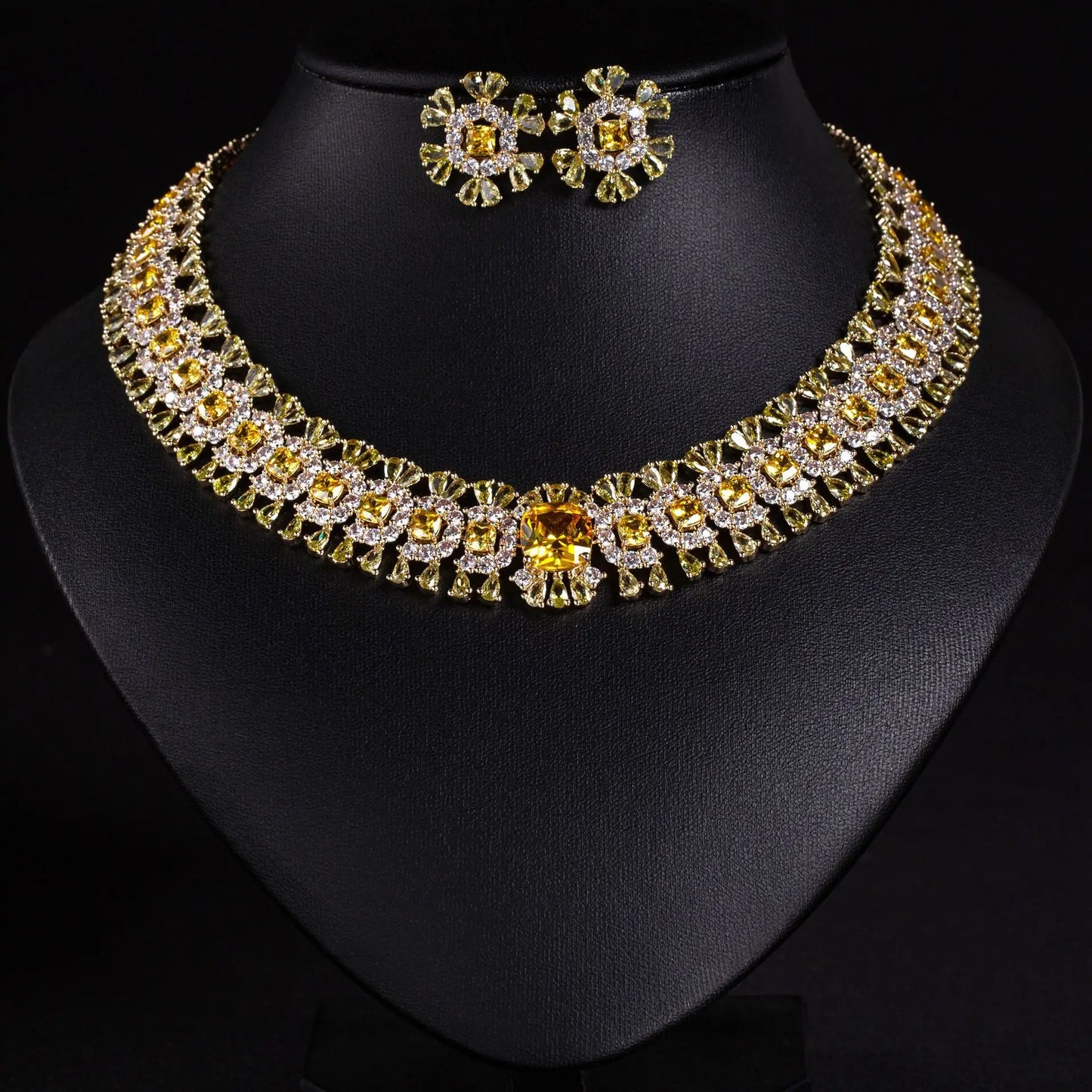 Sparkling Colourful Niche Delicate Flower Jewellery Necklace Earrings 2 Pcs Set Wedding Banquet Prom Bridal Women Dubai M-586