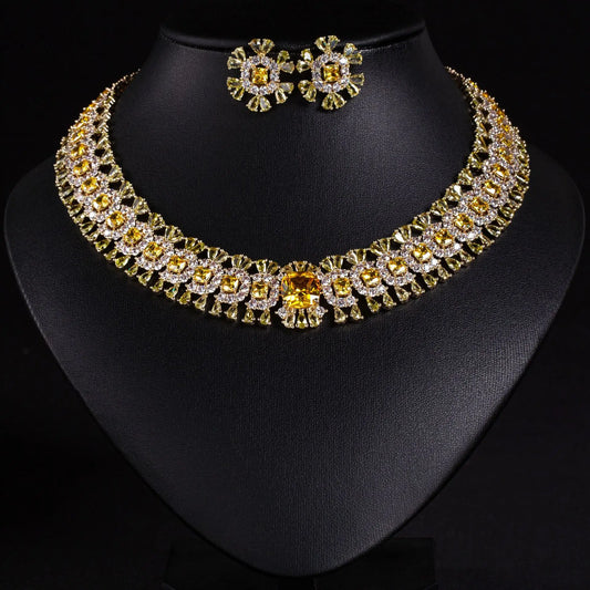 Sparkling Colourful Niche Delicate Flower Jewellery Necklace Earrings 2 Pcs Set Wedding Banquet Prom Bridal Women Dubai M-586