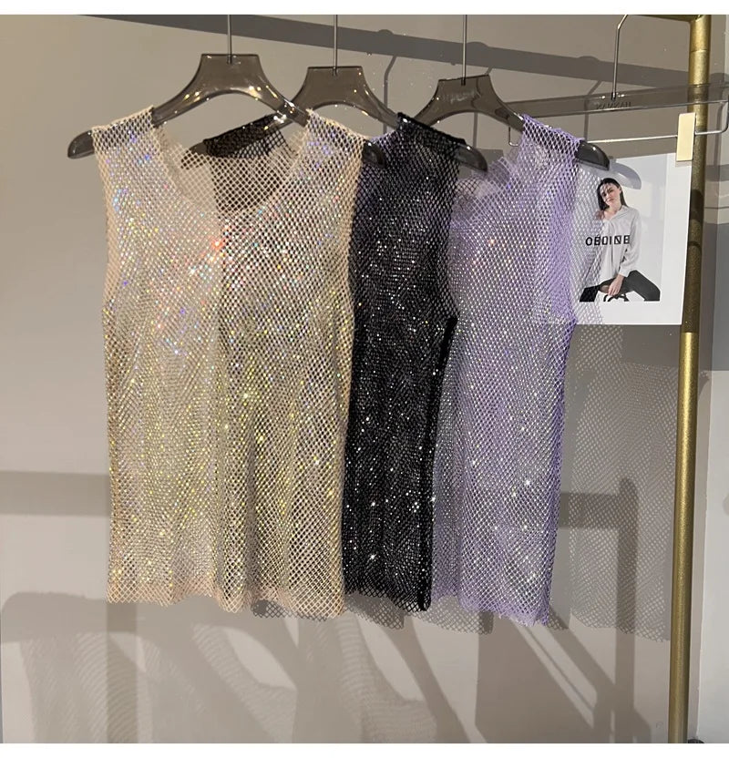 Women&Men Crystal  Rhinestones Shiny Sexy Y2K Tank Tops High Quality Party Club Sexy See Through Mesh Hollow Out Diamond shirt