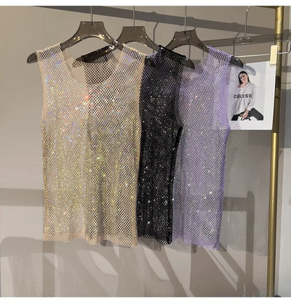 Women&Men Crystal  Rhinestones Shiny Sexy Y2K Tank Tops High Quality Party Club Sexy See Through Mesh Hollow Out Diamond shirt