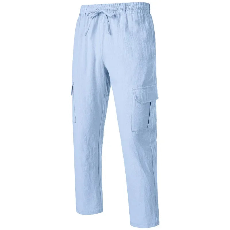 Men's Casual Trousers Loose Comfortable cargo pants Pants Man Cotton Linen multi-pocket Straight trousers Beach thin men Pants