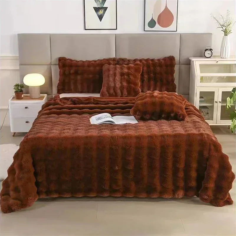 Cozy Rabbit Hair Bubble Velvet Blanket for Napping Soft Fuzzy Plush Bed Cover Sofa Throw Blanket All Season Warmth