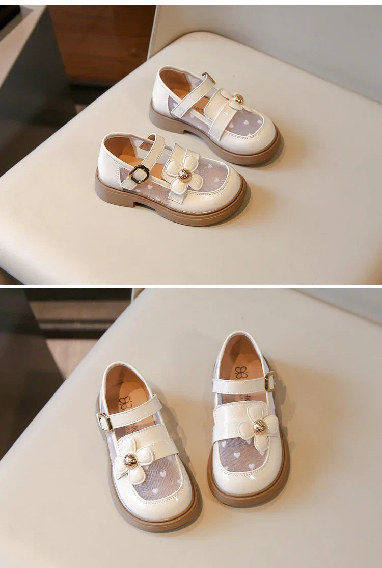 Toddler Girls Elegant Glossy Mesh Mary Jane Flats Flower Buckle Strap Heart Pattern Chunky Sole Comfortable Party School Shoes