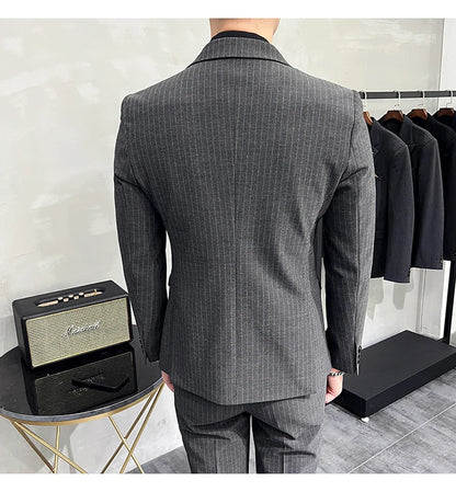 ( Blazer+Vest+Pants ) Groom Wedding Male Suit Luxury Brand Fashion Striped Men's Casual Business Office Double Breasted Suit