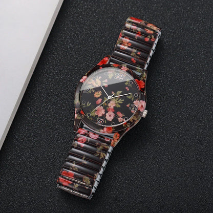 2/3PCS Fashion Flower Printed Women Quartz Wristwatches Set Ladies Casual Elastic Strap Arabic Dial Watch（Without Box）