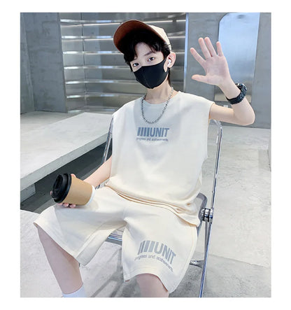 Big Child Cotton Summer Suit for Teens Boy Wing Print Cotton Tshirt + Shorts 2PCS Clothing Set Kids Adult Fashion Street Outfit