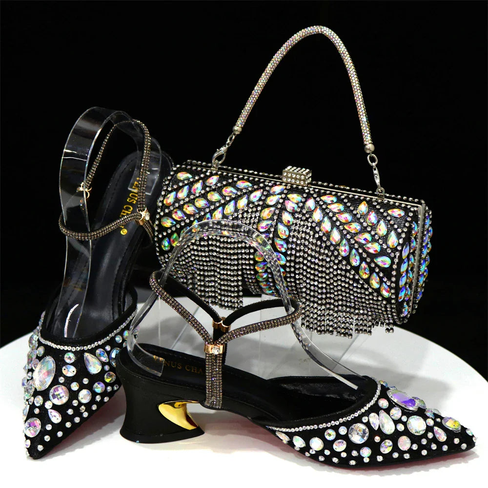 Newest INS Style Lace Elegant High Heels Pointed-Toe Nigeria Popular Design African Ladies Shoes And Bag Set