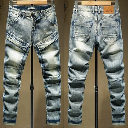 2024 Spring and Autumn New Fashion Trend Solid Color Retro Motorcycle Jeans Men's Casual Loose Comfortable Straight Leg Pants