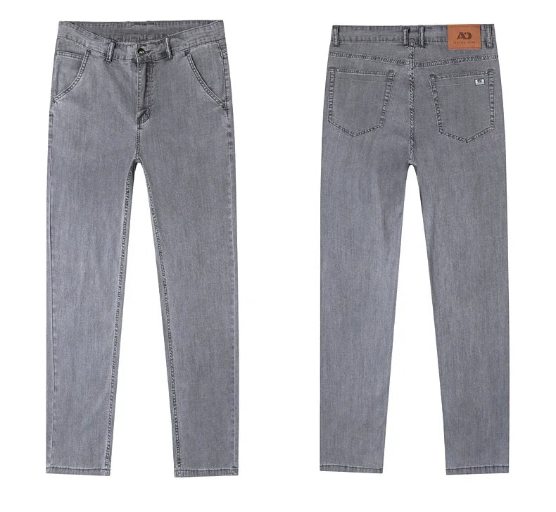 Summer Thin Men's Loose Straight Jeans Lyocell Soft Drape Business Casual Trousers Classic Smoke Gray Brand Ice Silk Pants