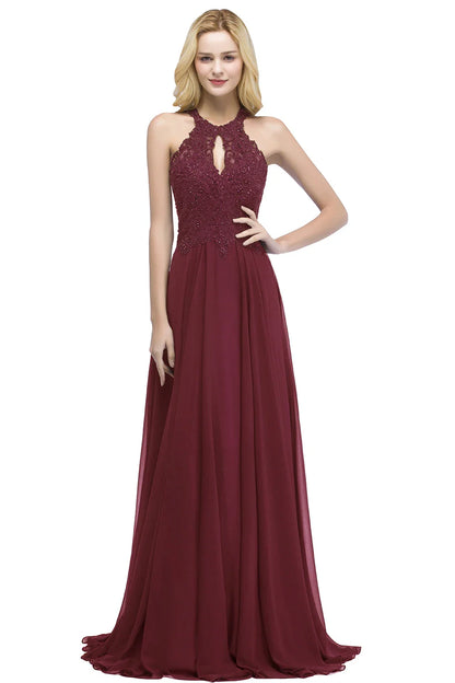 Hot Sale New Elegant Bridesmaid Dress Halter Neck Fishtail with Beaded Motif Layers Over the Bodice Chiffon A Line Women Gown