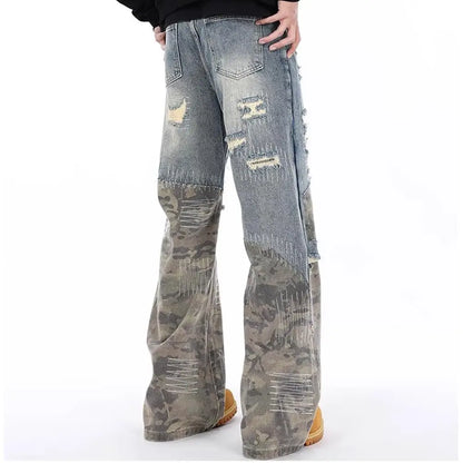 Men's Ripped Slim Fit Straight Leg Jeans Patchwork Camouflage Denim Pants