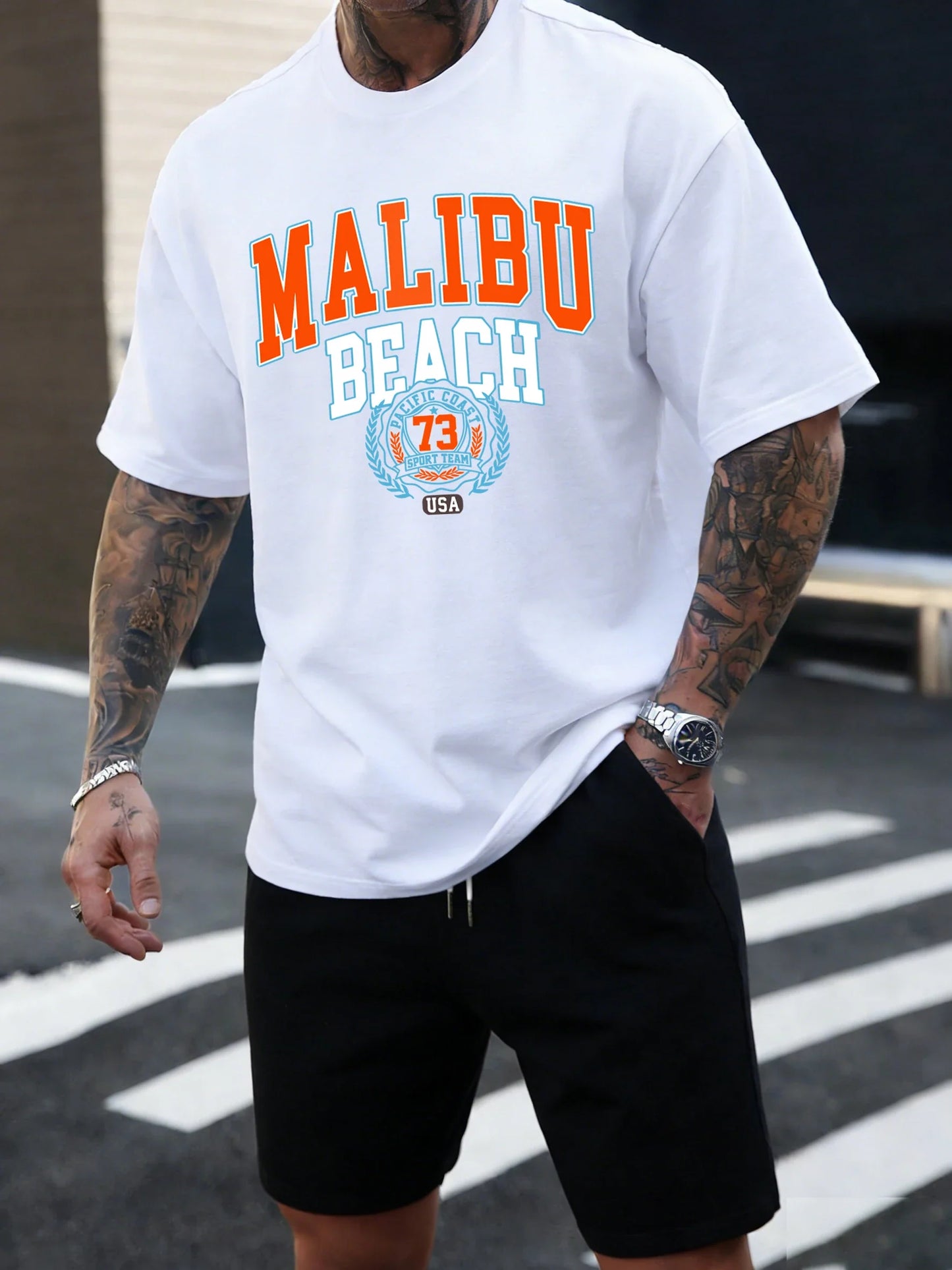 Malibu Beach 73 Usa Printing T-Shirt Mens Cotton T Shirts O-Neck Summer Basics Clothes Casual Trendy All-Match Short Sleeve