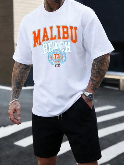 Malibu Beach 73 Usa Printing T-Shirt Mens Cotton T Shirts O-Neck Summer Basics Clothes Casual Trendy All-Match Short Sleeve
