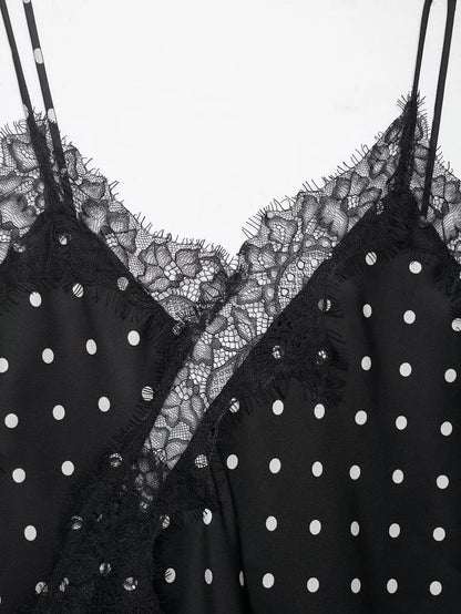 Women Elegant Polka Dot Lace Slip Tops Asymmetrical Hem Tanks Camis Summer Lady Sexy Lace Splicing Club Party Tops Camisole