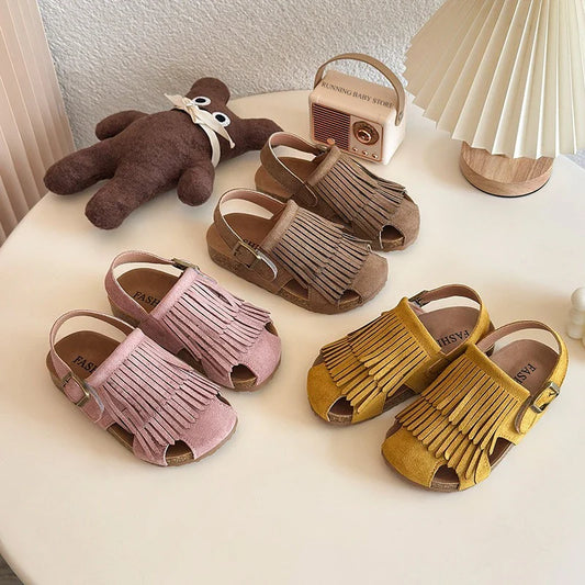 Summer Peep Toe Tassel Children Shoes Girls Sandals Soft Bottom Flat Heel Buckle Girl's Shoes Back Strape Slingbacks Shoe I05285