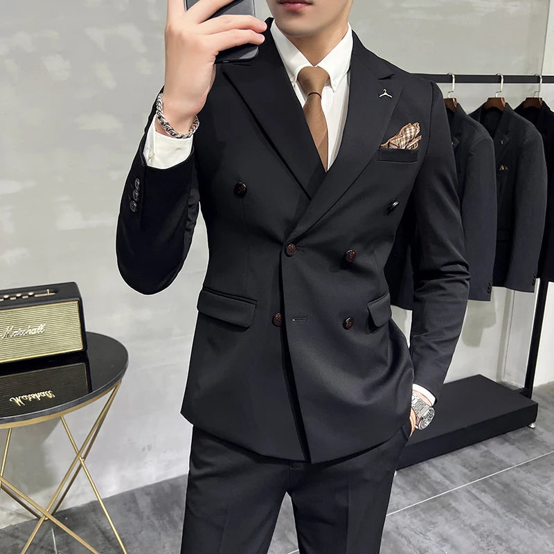 ( Blazers + Pants ) Boutique Fashion Solid Color Double-breasted Men's Casual Business Slim Suit 2-piece Set Groom Wedding Dress
