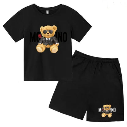 Boys Girls Summer Casual 2Pcs Set Lovely Bear Letter Print T-shirt & Shorts Comfortable Sports Running Suit