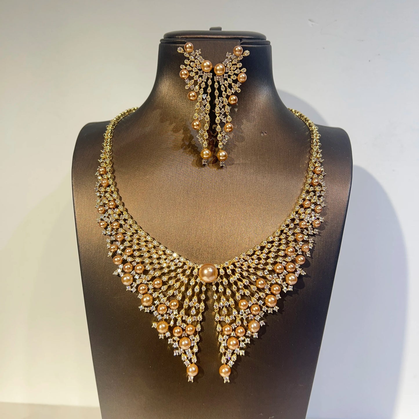Luxury Cubic Zirconia 2pcs Pearl Necklacе Nigeria Dubai Bridal Wedding Jewellery Sets For Women Party  Accessories