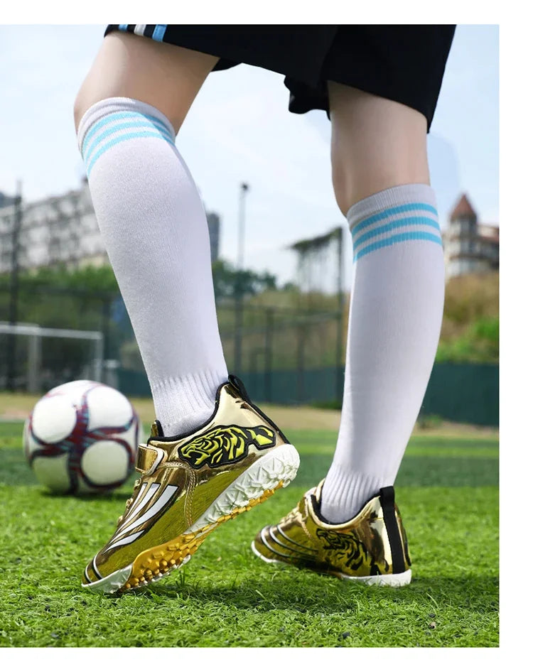 Fashion Gold Children's Football Shoes Outdoor Non-slip Turf Soccer Shoes Kids HOOK&LOOP Low-cut Sports Sneakers Child Trainers