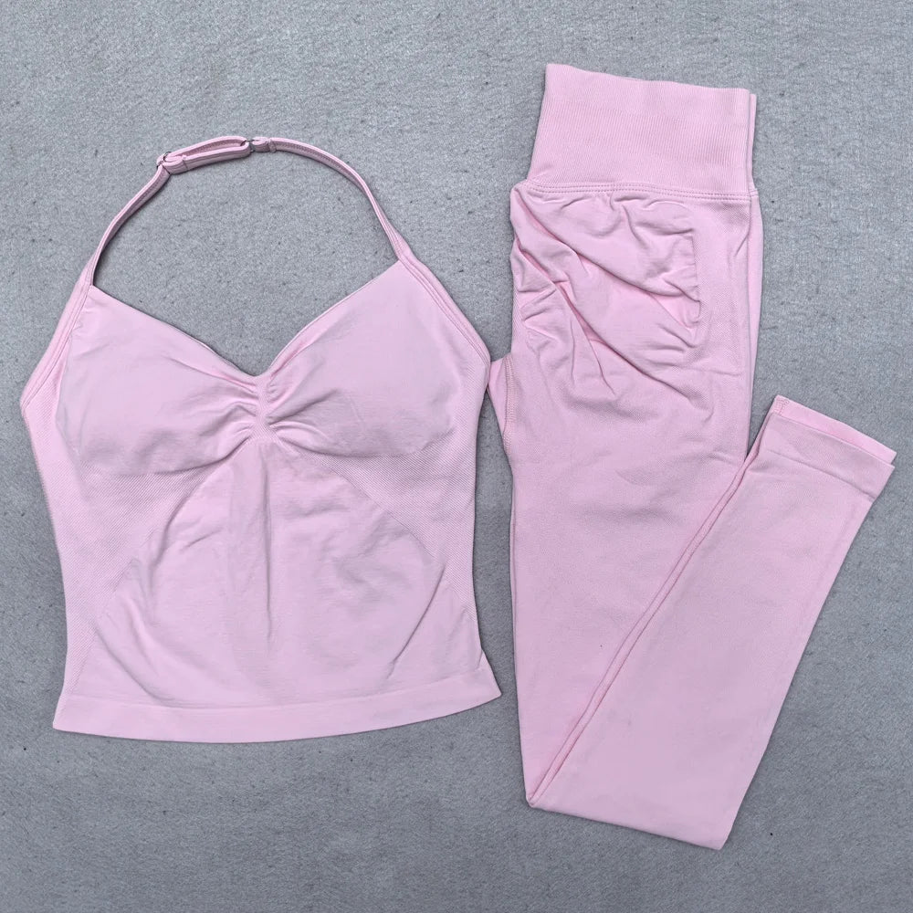 New Seamless Yoga Set Women Gym Clothing Scrunch Bum Legging Padded Tank Top Workout Outfits Fitness Sportswear Suits