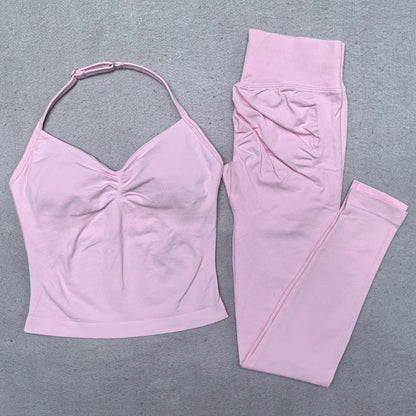New Seamless Yoga Set Women Gym Clothing Scrunch Bum Legging Padded Tank Top Workout Outfits Fitness Sportswear Suits
