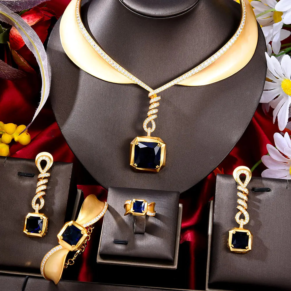Famous Brand 4PCS Green CZ Luxury African Jewelry Set For Women Wedding Party Zircon Crystal Dubai Bridal Jewelry Set Gift