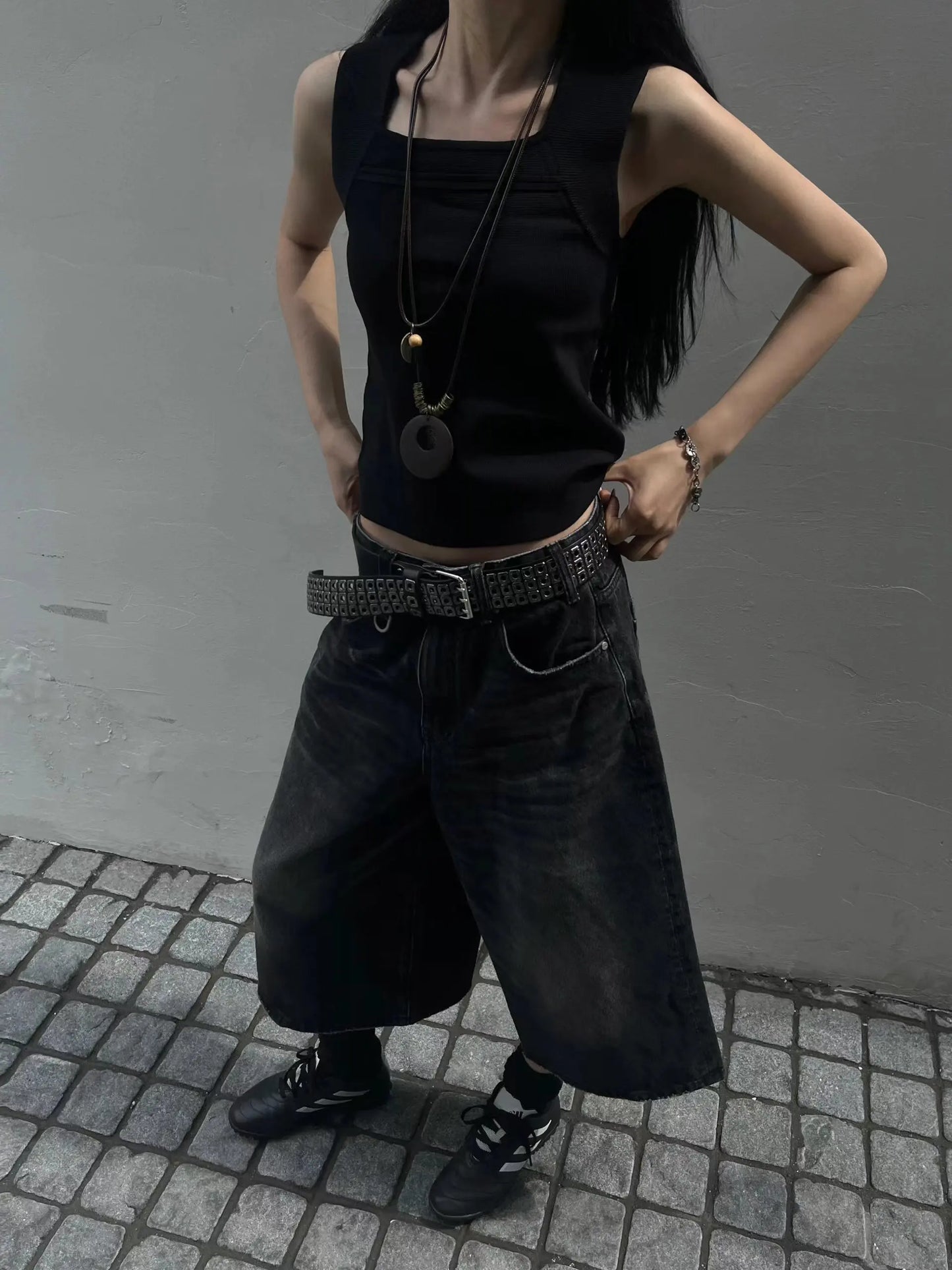 Women Black Y2k Style Baggy Denim Shorts Wide Leg Capri Pants