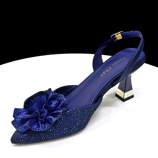 Elegant Shiny Dark blue Handbag and Medium Heel Shoes Set with Beautiful Handmade Flowers for Weddings and Parties