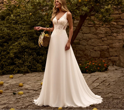 V-Neck Lace A-Line Wedding Dresses Applique Chiffon Sleeveless Open Back Pleat Bridal Gown Vestidos De Noiva Customized