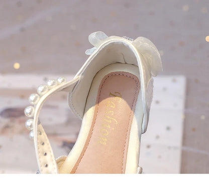 2025Summer Girls Sandals With Heel Fashion Rhinestone Shiny Glitter Shoes Children Princess Bowtie Pearl Dancing Shoes
