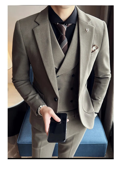 2025 Autumn Winter New Thickened Warm Woolen Blazer Set for Men Korean Version Slim Fit Groom Best Man Wedding Suit Formal Wear