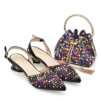 Fashion Italian Shoes with Matching Bags Set with Rhinestone African Shoes for Women Mid Heels Party Pumps Plus Size Heels 43