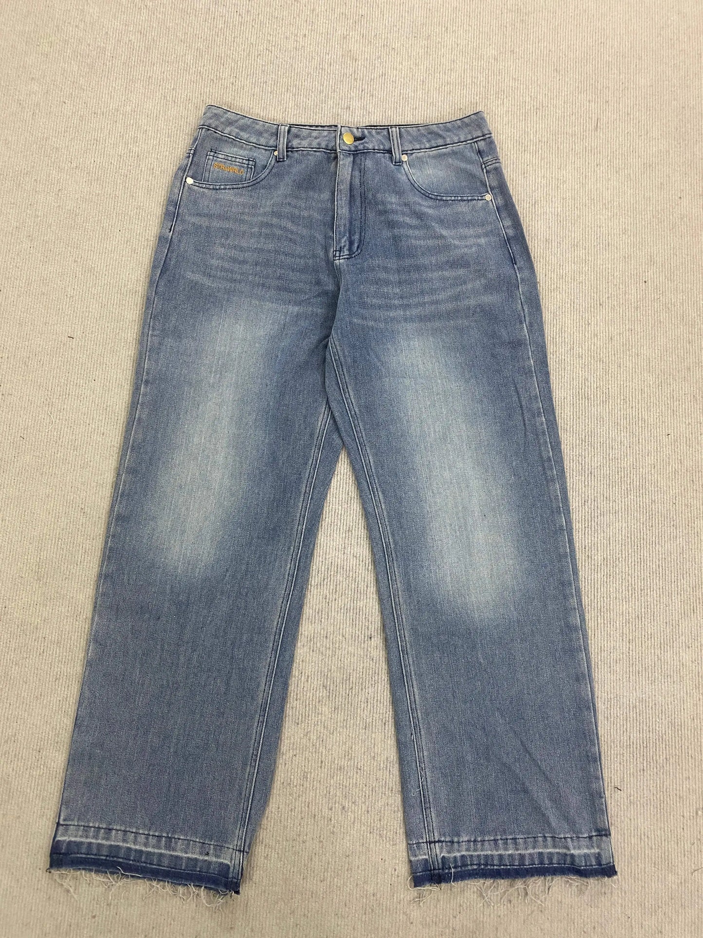 Calça jeans unissex estilo casual de rua, estilo ins, corte reto, lavagem envelhecida retrô, usada, novidade primavera 2026, street style americano.